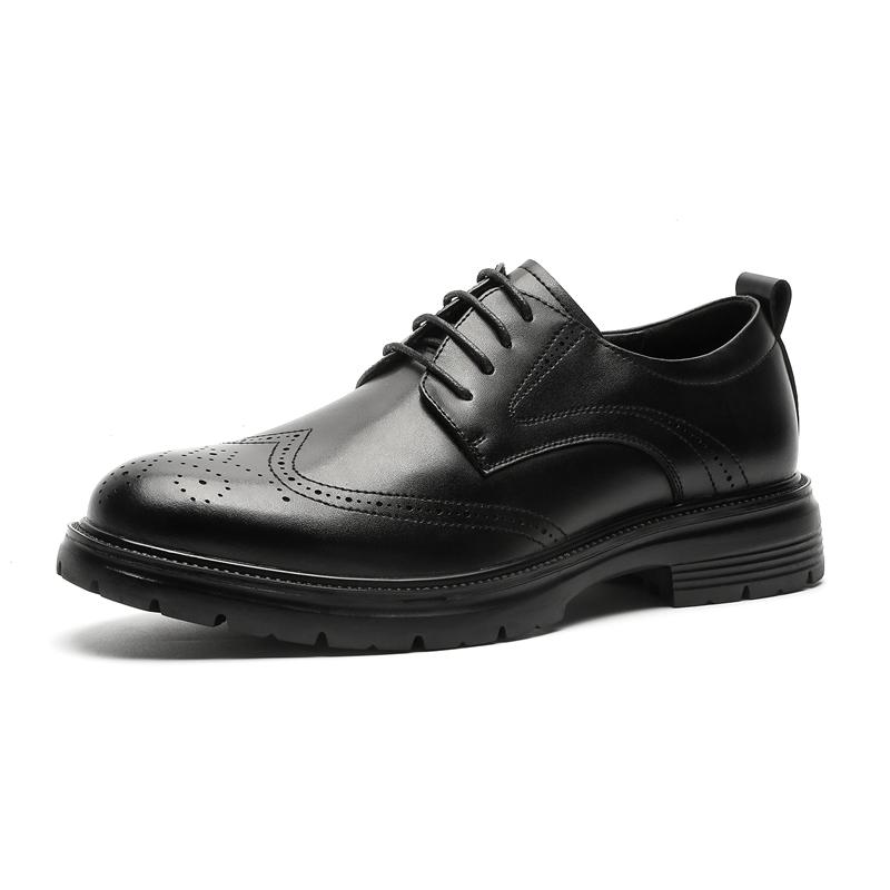 Men Brogues Fashion Lace Up Leather Casual Shoes Spring and Autumn Round Toe Solid Platform Mid Heel Water Proof Loafers