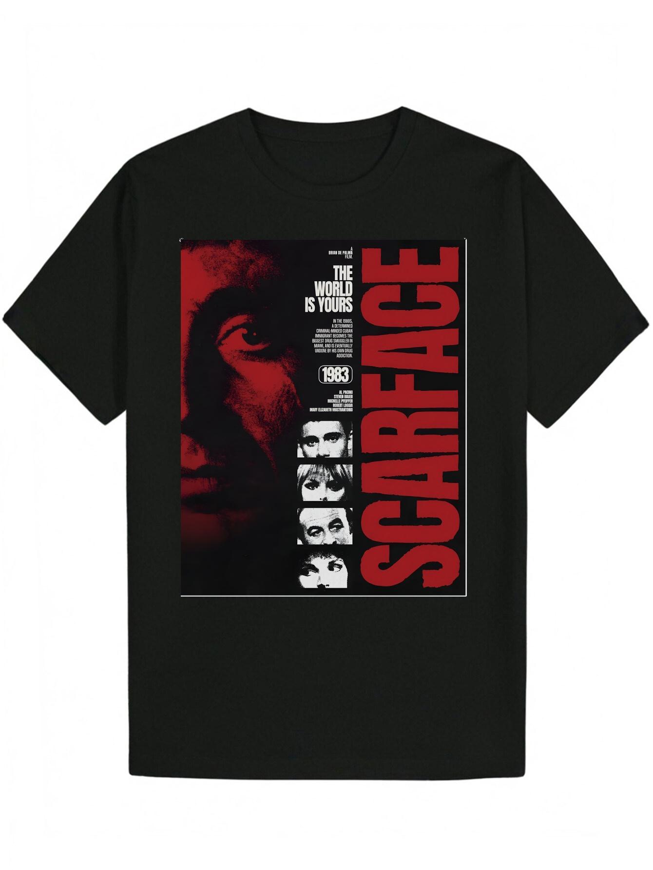 Black Graphic T-shirt - Bold THE WORLD IS YOUR FACE Movie Text Design L