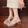Summer Floral Crystal Rhinestone Square Head Sandals Women's Outdoor Wear PU Material Korean Sle Anti-Slip mid Heel Slippers