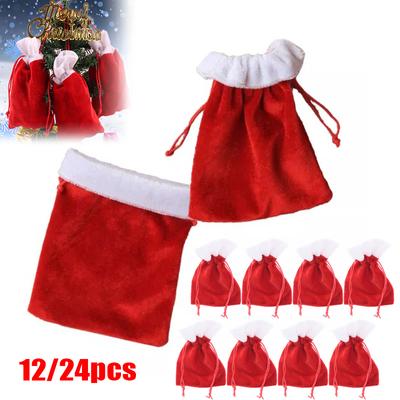 12/24Pcs Red and White Velvet Drawstring Christmas Bags Bag Pouches Santa Bags