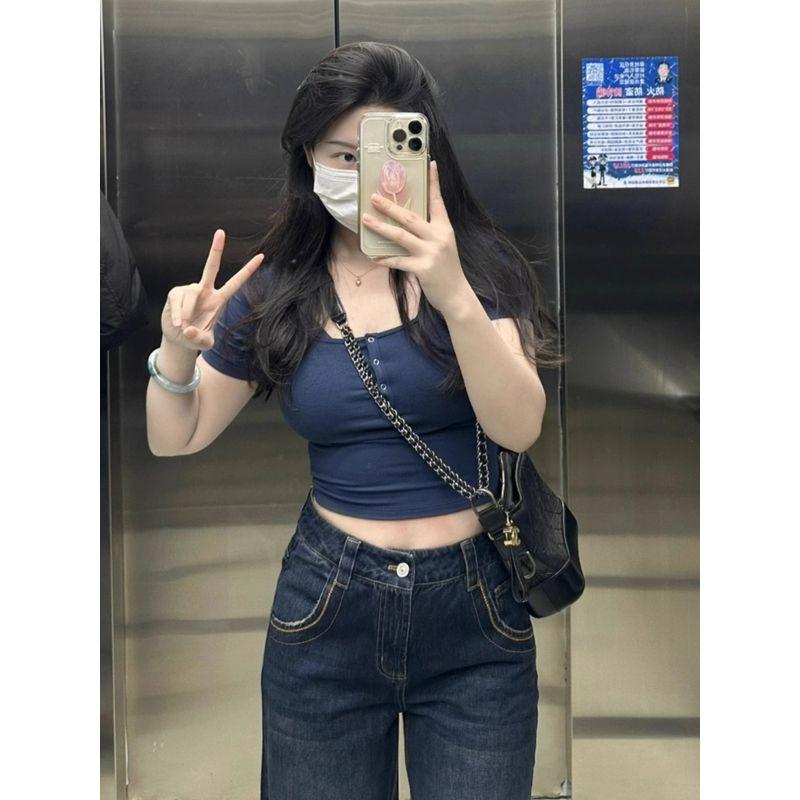 

Summer Plus Size Plus Size Ladies Slim-Fit Buttoned Short Sleeve Tops Blue Size S [42.50 kg-50.00 kg]]