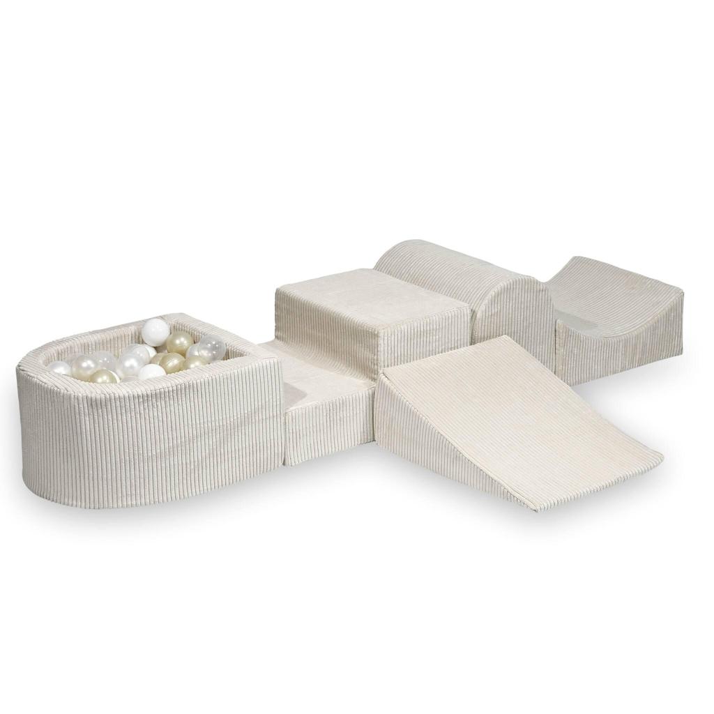 Foam playground with a hill, Corduroy Beige, 100 balls: transparent, white, pearl, light gold, opalescent