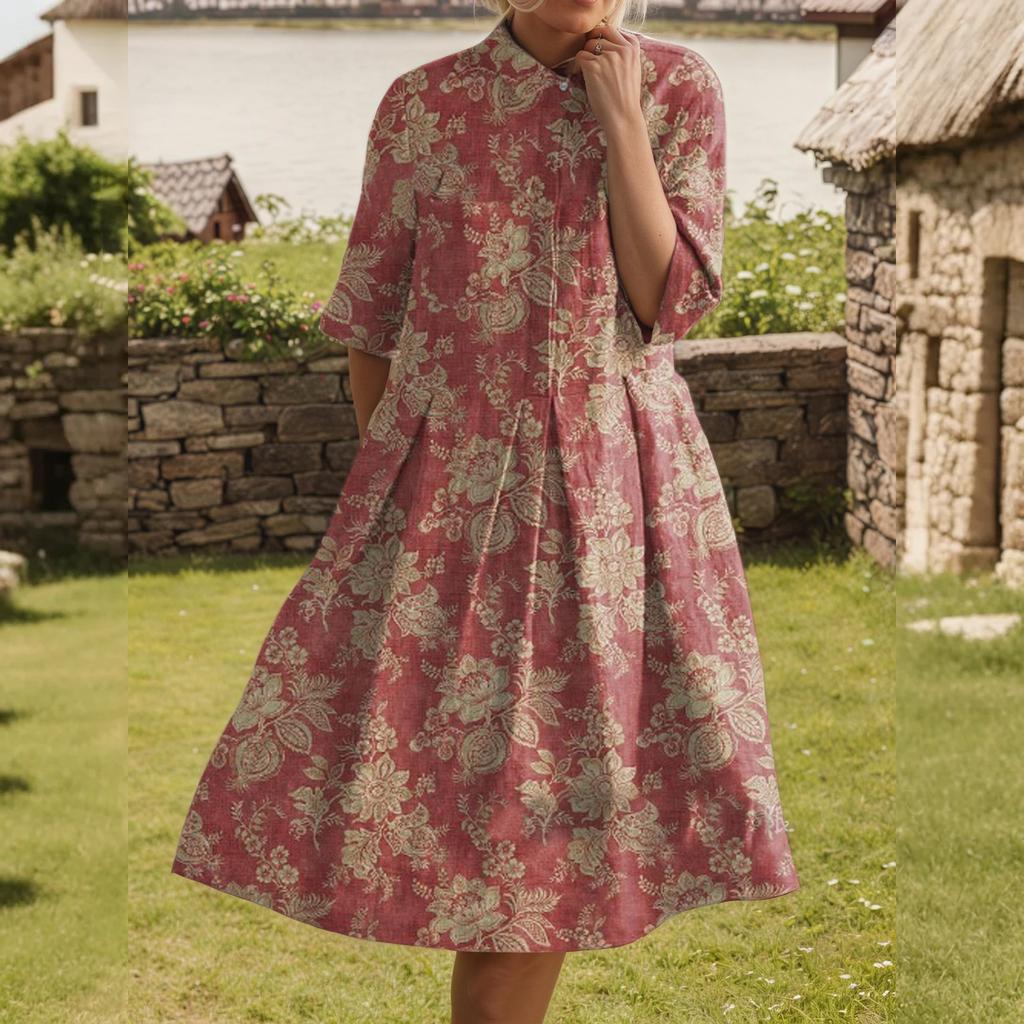 Dress For Women Elegant Casual Smocked Button Lapel Short Sleeve Knee Length Dress