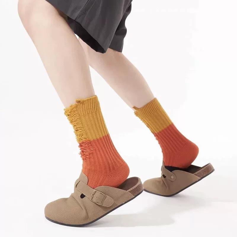 Perforated Beggar Color-blocking Socks for Women's Fashion, Versatile Color-blocking and Patchwork Socks, Mid-calf Socks