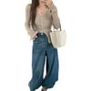 Hong Kong Style Retro Raw Edge High Waist Wide Leg Jeans for Petite Women
