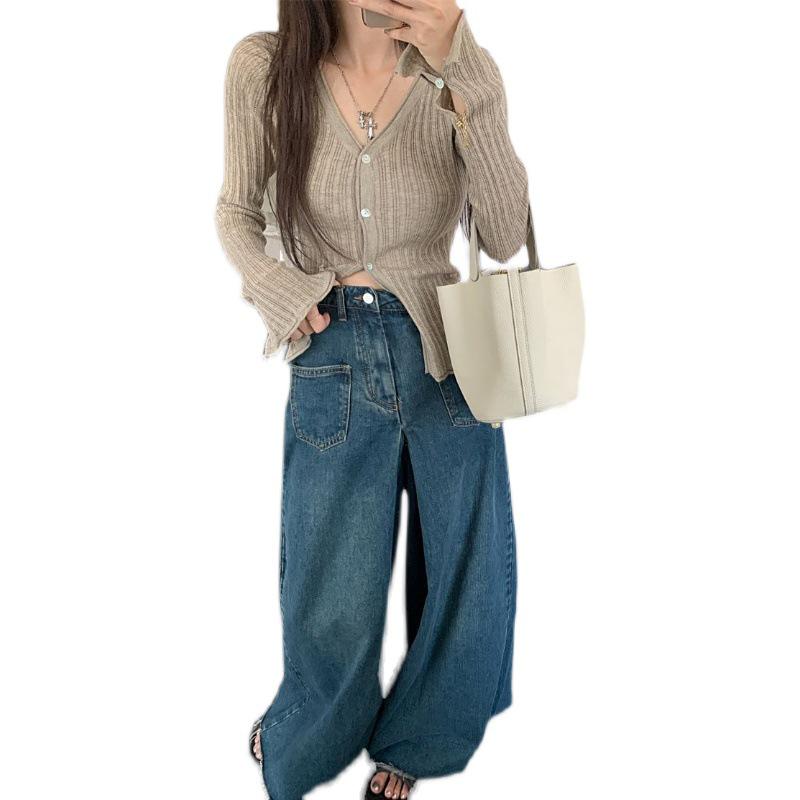Hong Kong Style Retro Raw Edge High Waist Wide Leg Jeans for Petite Women