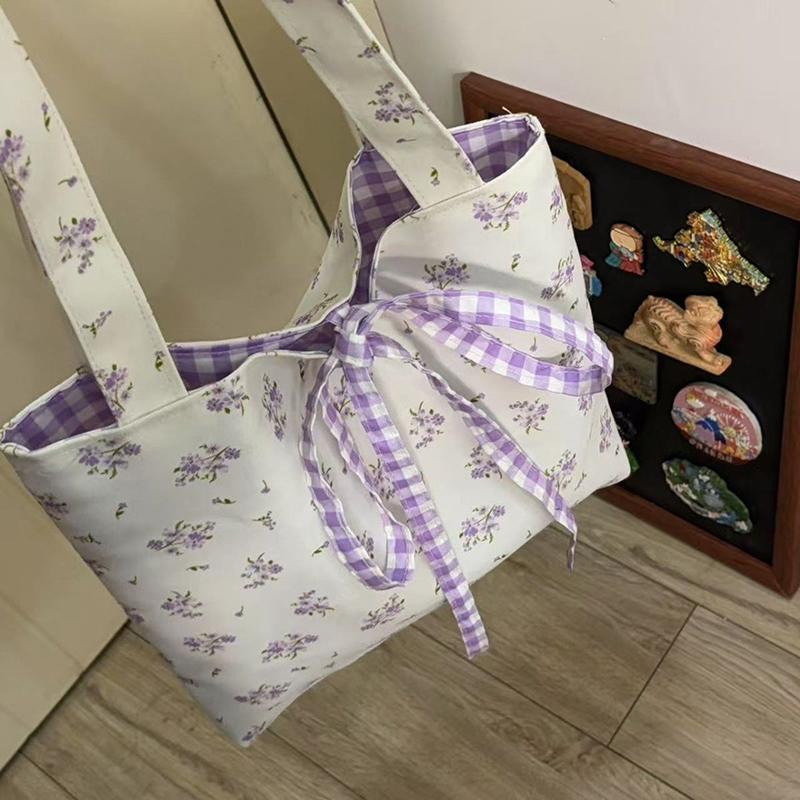 1PC Korean Floral Bow Tie Canvas Bag For Spring Summer Casual Versatile Large Capacity Outdoor Mountaineering Bag Christmas Gift