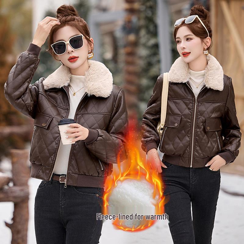 

Женское зимнее корейское модное пальто из искусственной кожи с флисовой подкладкой и меховым воротником WA8212 XXL (fits 130-140 lbs) кофейный