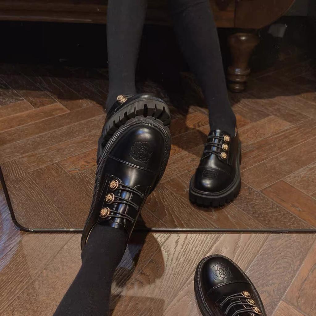 British Retro Loafers Platform Badge Small Leather Shoes Women's Autumn and Winter Leather Niche College Style Black Thick Heel Single Shoes