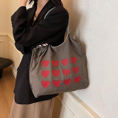 2025 New Bag Women's Shoulder Bag Love Embroidered Shopping Bag Nylon Cloth Portable Niche Shopping Bag Cloth Bag