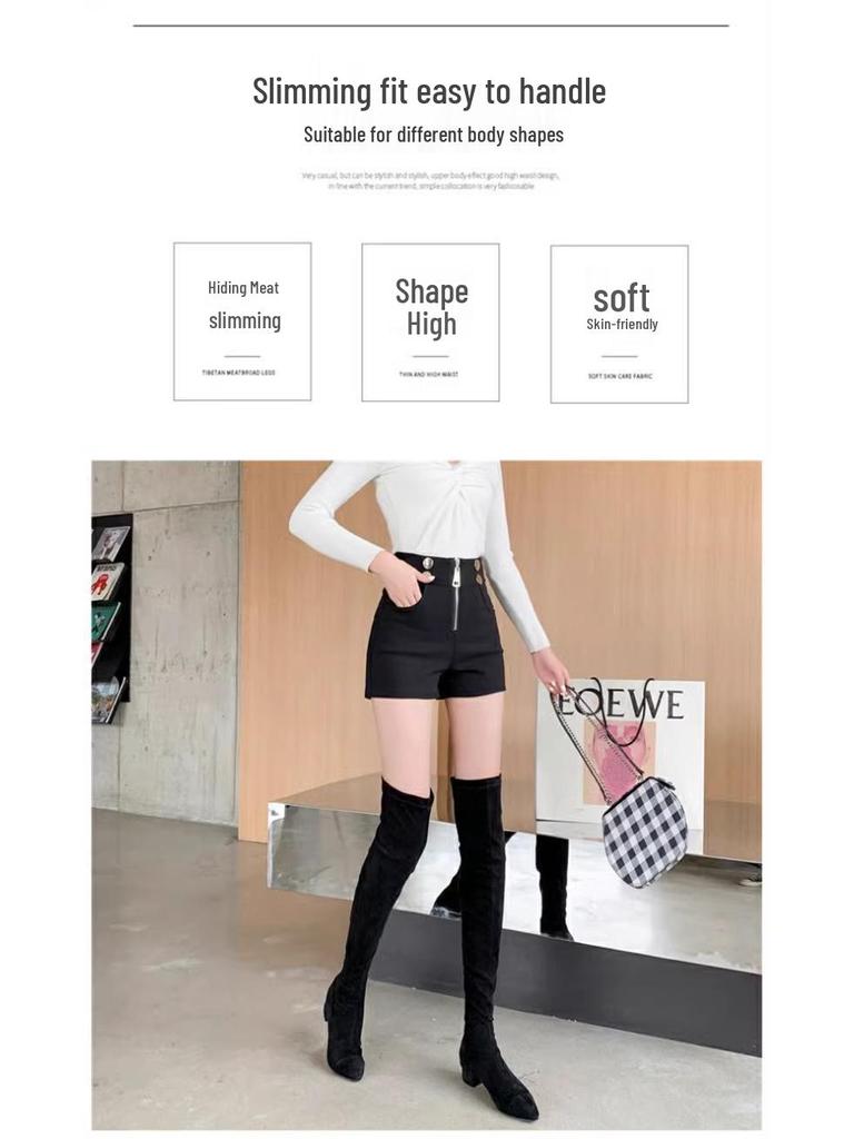 Women's Black Double-Breasted Stretch Shorts - Summer Thin Style, Pure Cotton, Loose Wide-Leg Hot Pants