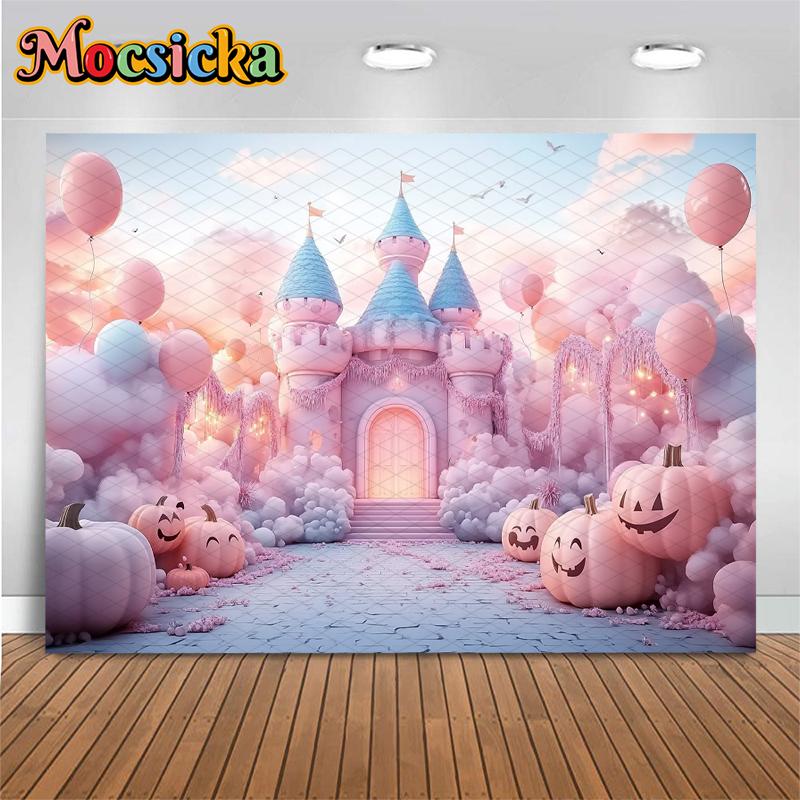Mocsicka Halloween Photo Background Shooting Props Pink Castle Balloon Pumpkin Party Decor Photography Backdrop Studio Wallpaper