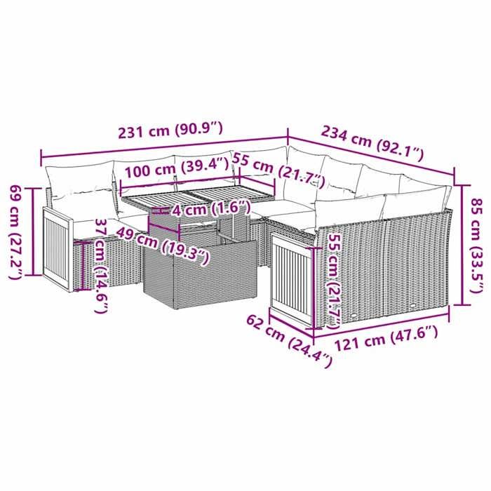 VidaXL Salon de jardin avec coussins 9 pcs noir résine tressée acacia 3327689