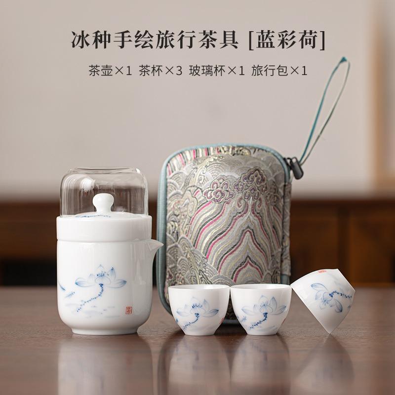 

Ice Translucent Hand Painted Quick Cup Set 1 Pot 3 Cups Dehua White Porcelain Travel Tea Ware Portable Underglaze Brewing Pot
