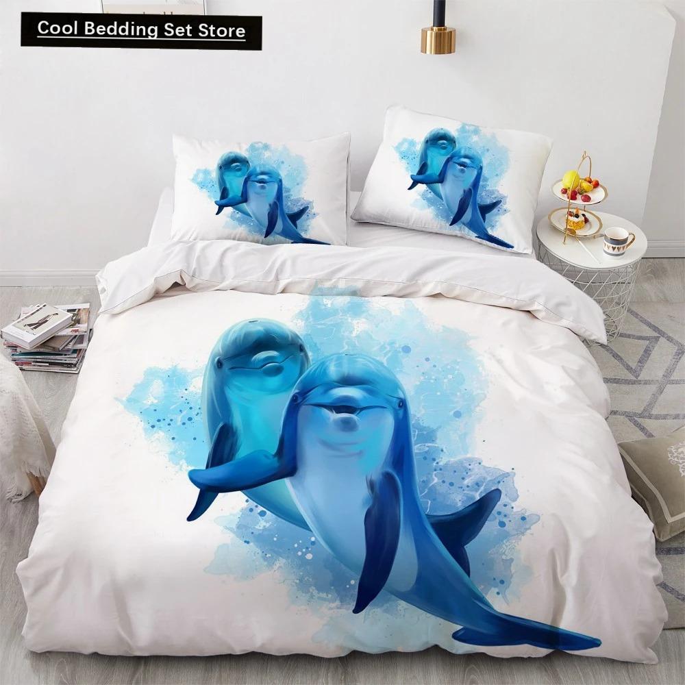 Dolphin Ocean King Queen Duvet Cover Cute 3D Sea Animal Bedding Set for Kids Teens Adults Shoal of Fish Blue 23pcs Quilt Cover