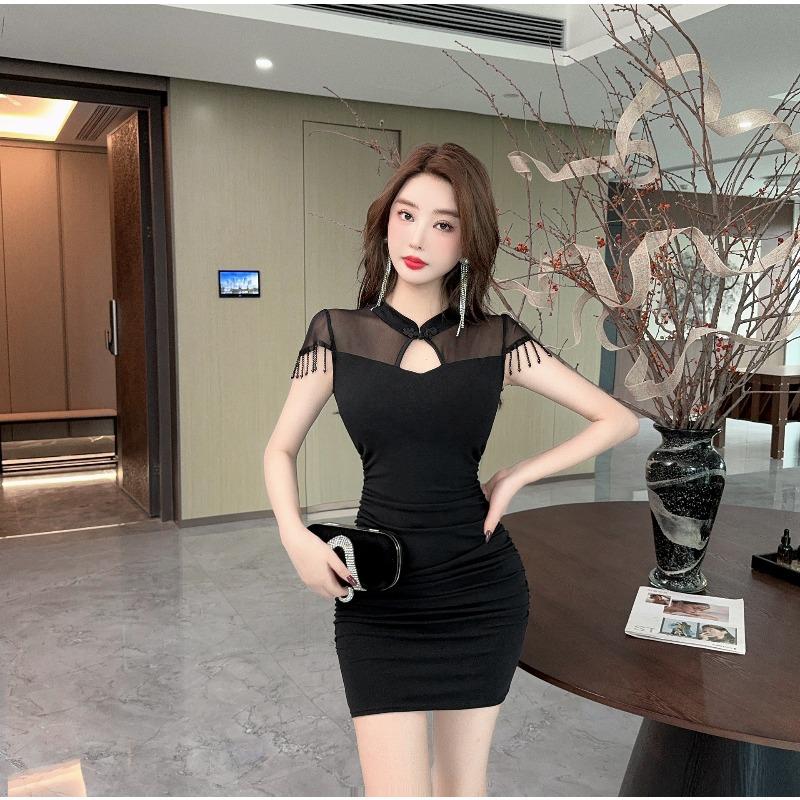 Spice girl sexy pure desire mesh stitching knitted improved cheongsam hip-wrapped short dress night technician work clothes