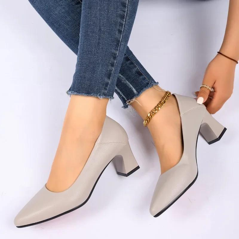 2024 New Fashion Women's Shoes Thick Heels Spring and Autumn Shoes for Outerwear Professional Commuting Pointed Toes Zapatos