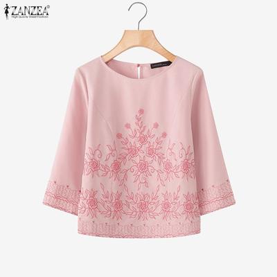 Women Casual Round Neck 3/4 Sleeve Loose Embroidery Blouse