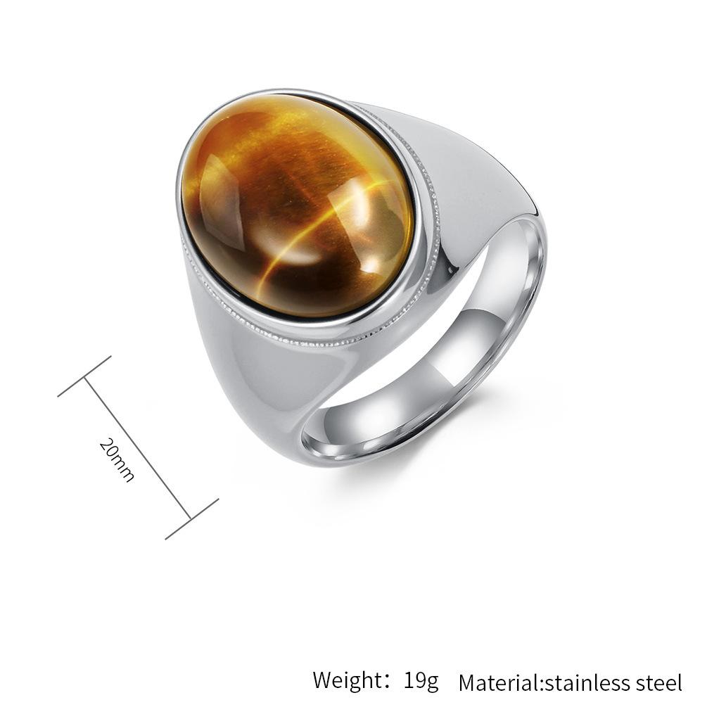 Men's Tiger Eye Ring Polished Stainless Steel Band Smooth Oval Cabochon Stone Modern Minimalist Jewelry for Him
