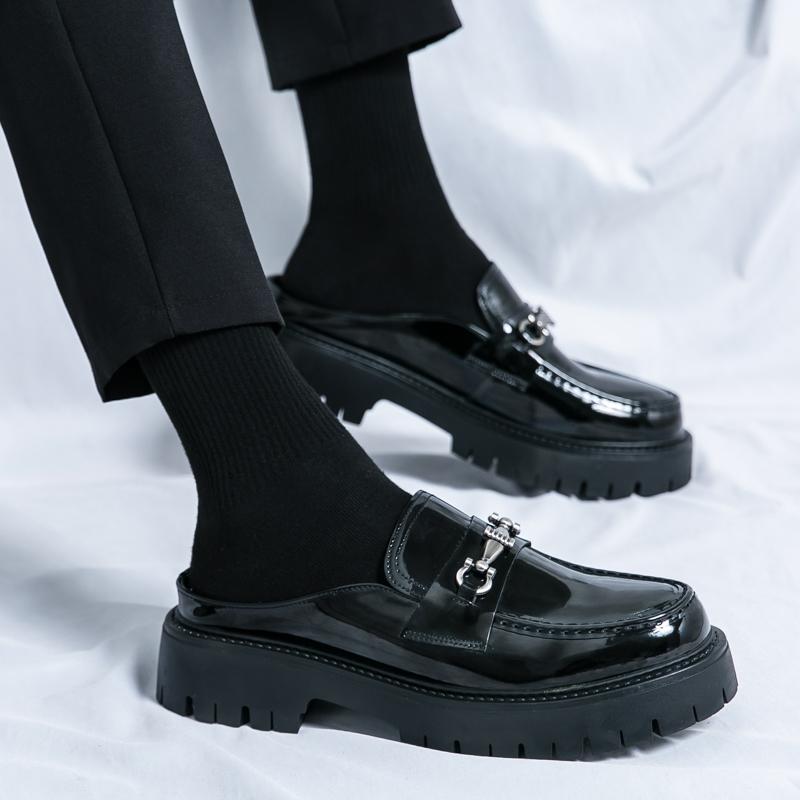 Męskie mokasyny typu mule, skórzane chodaki, buty typu slip-on, codzienne, odkryte, półdrag, buty imprezowe, gruba podeszwa, buty zwiększające wysokość