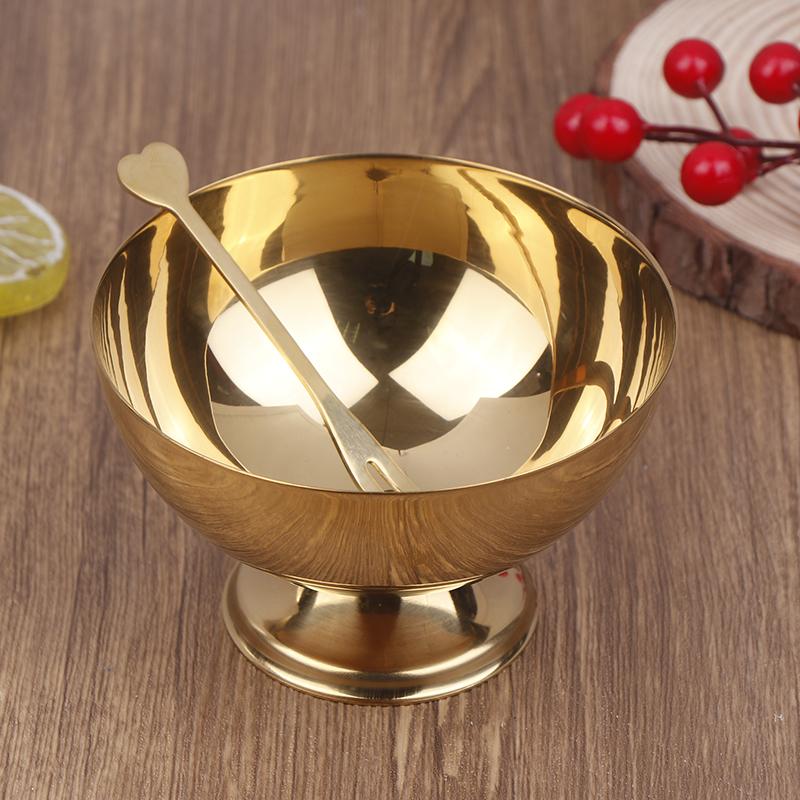 .1Pc Gold Stainless Steel Ice Cream Cup Salad Bowl With Fork Dessert Fruit Plate Snack Dish Wine Cup Home Kitchen Bar Tableware