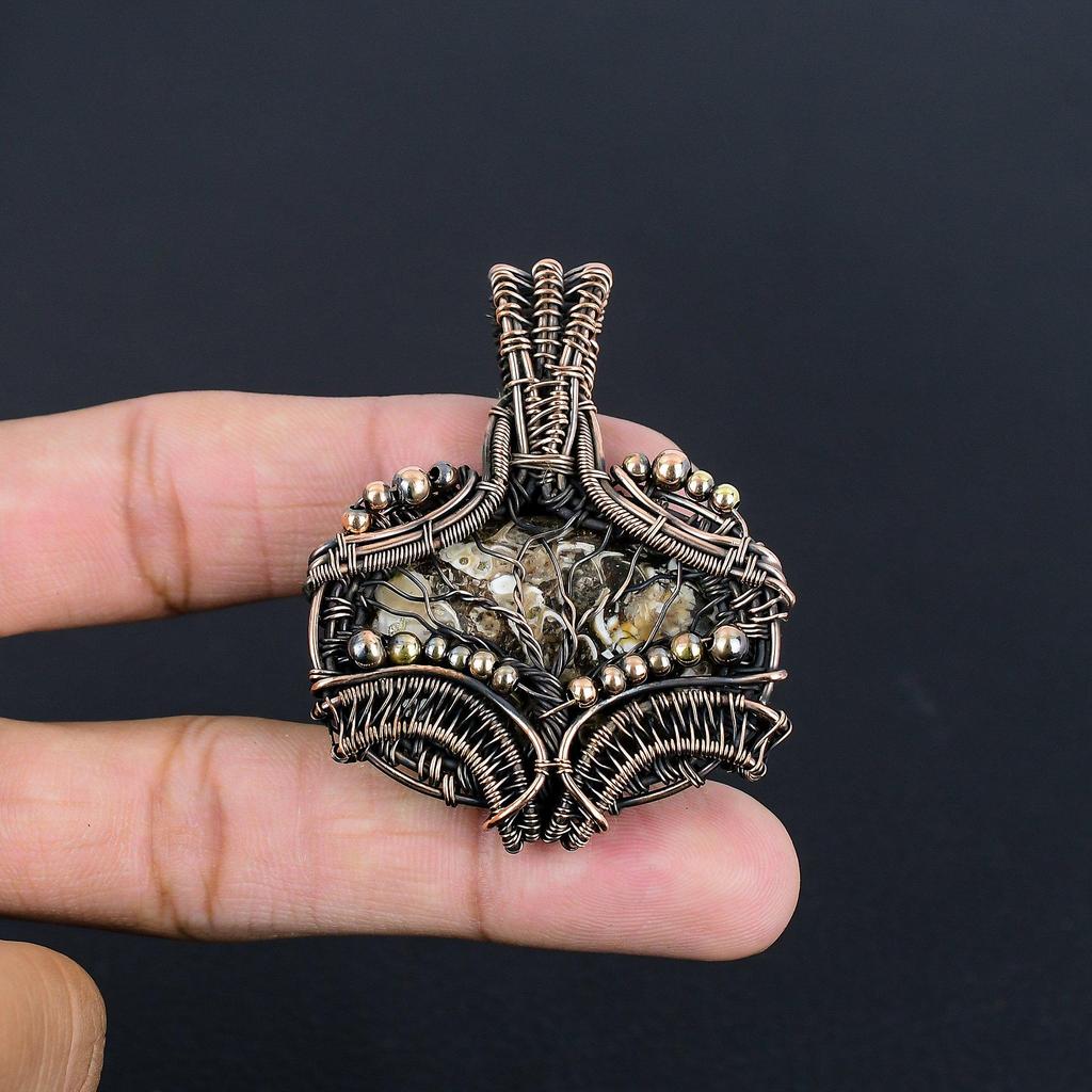 Turtella Fossil Pendant, 999 Copper Wire Wrapped Pendant Handmade Gemstone Jewelry, Gifts For Wife Brand New Pendant