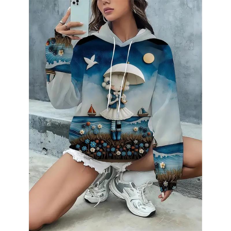 Fashionable Women's Hooded Sweatshirt, 3D Casual Color Print Casual Long-sleeve Sweatshirt