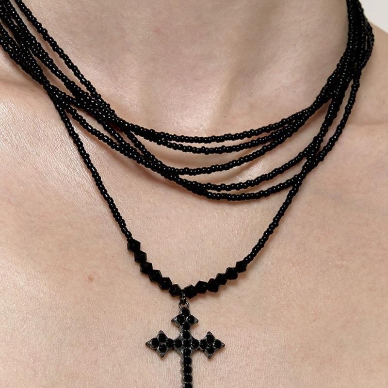 Multi-layer Combined Beaded Retro Cross Pendant Necklace European American Dark Wind Sweet Cool Niche Versatile Women Stack Neck Chain