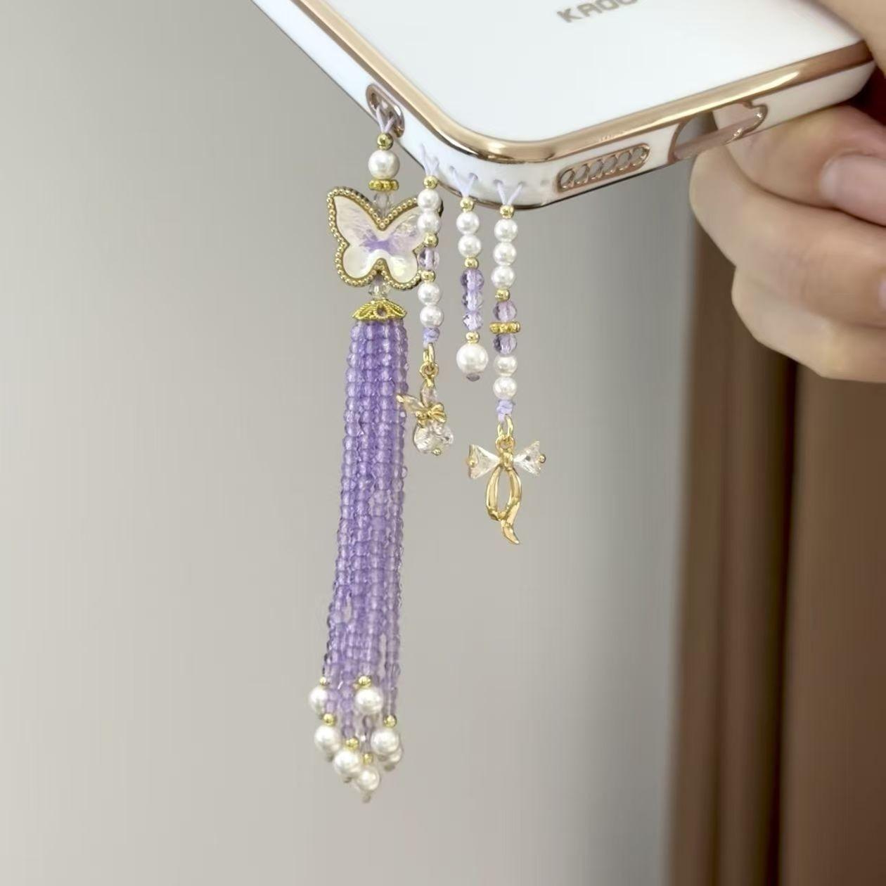New Chinese butterfly beaded fringed mobile phone chain female sweet dopamine beaded mobile phone chain niche design pendant