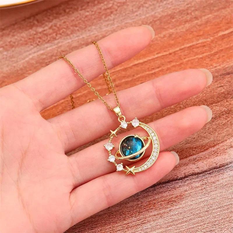 Mode Luxus Inlaid Zirkon Planet Mond Anhänger Halskette für Damen Mädchen Schmetterling Wassertropfen Schlüsselbein Kette Charm Schmuck