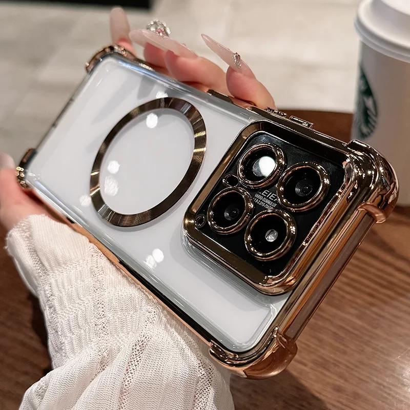 

Чехол для Xiaomi 15T Pro 15t Гальваническое покрытие Прозрачный Мягкий ТПУ Магнитный Чехол для беспроводной зарядки для Mi 15T 15TPro Встроенная пленка для объектива Силиконовые противоударные чехлы Xiaomi 15T золотой