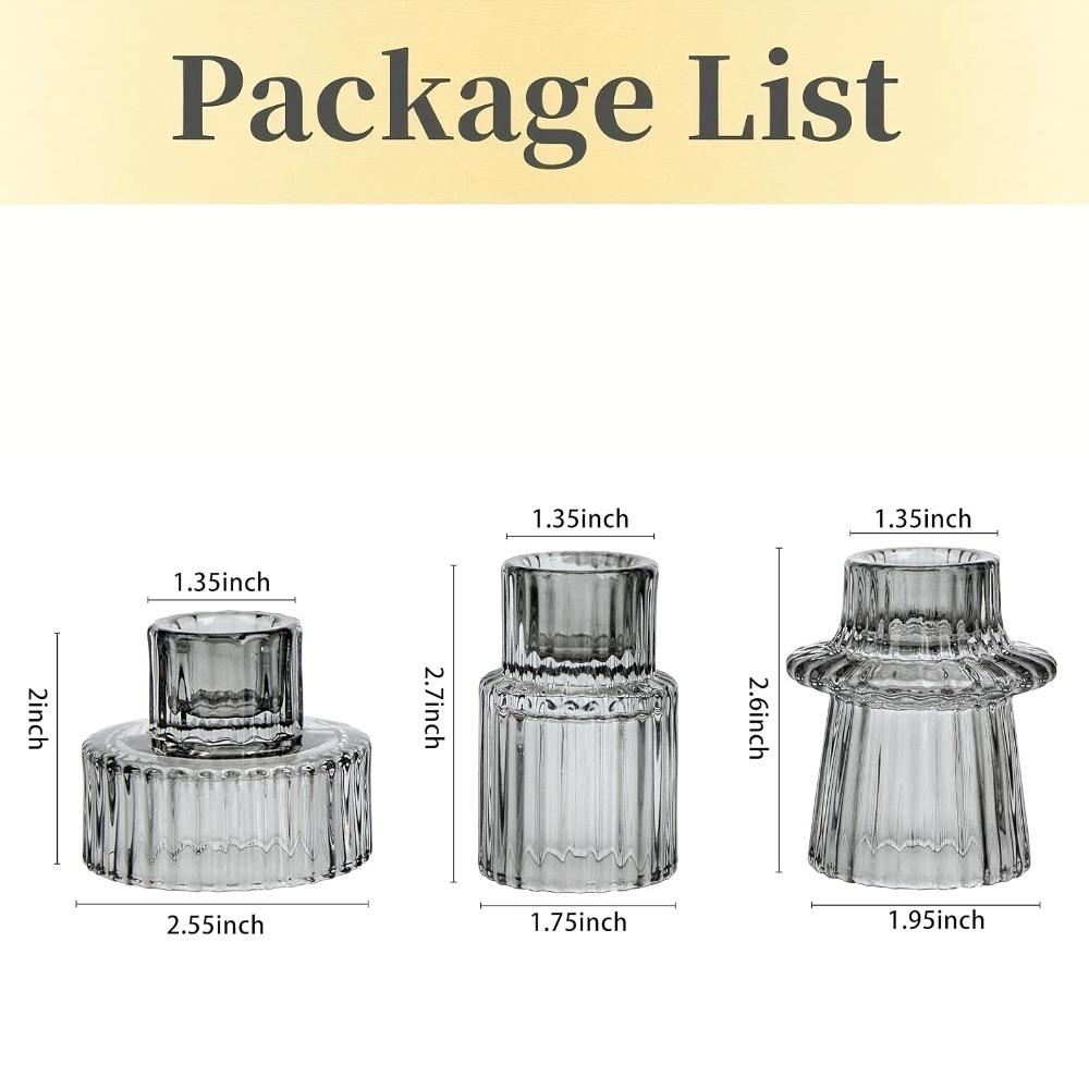 3Pcs Double Sided Vintage Ribbed Taper Glass Candle Holders for Table Centerpieces, Wedding Decorations Dinner Parties