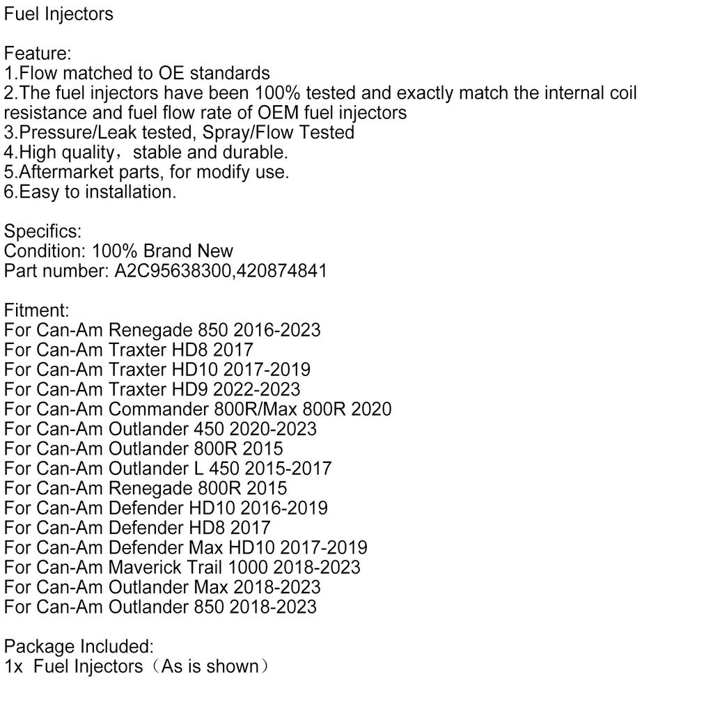 A2C95638300 Fuel Injectors Fit Can-Am Outlander 450 Renegade 850 Defender HD10 2016-2019