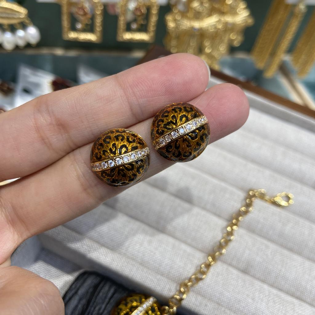Vintage Enamel Oil Drop Leopard Print Round Necklace Stud Earrings Jewelry Set Zircon Round Necklace