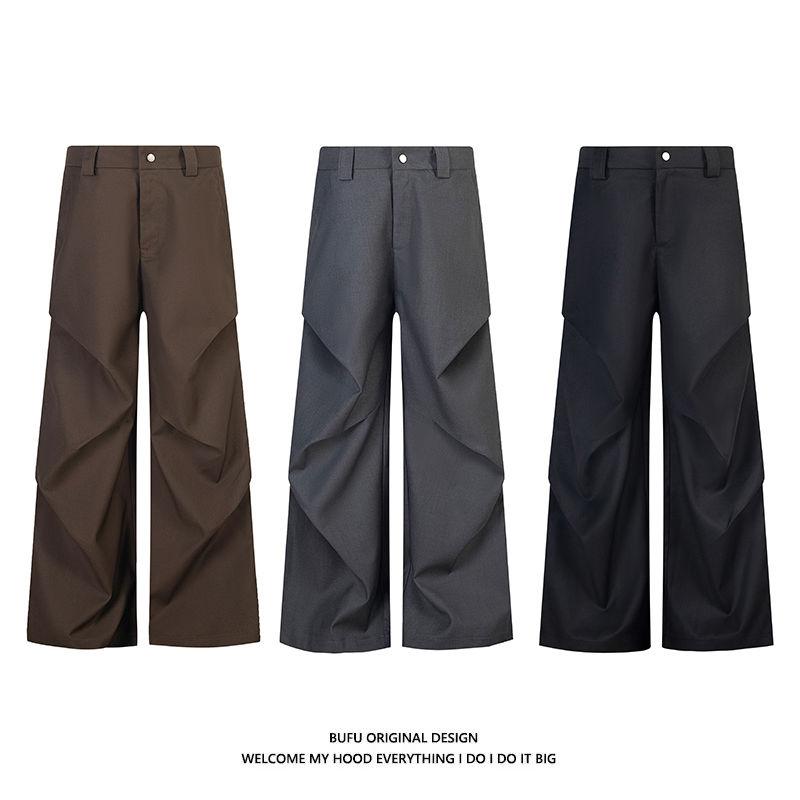 

Pleated Men s Trousers Autumn Winter Student Hong Kong Style Retro Casual Pants Loose Straight Tube Trendy XXXL чорний
