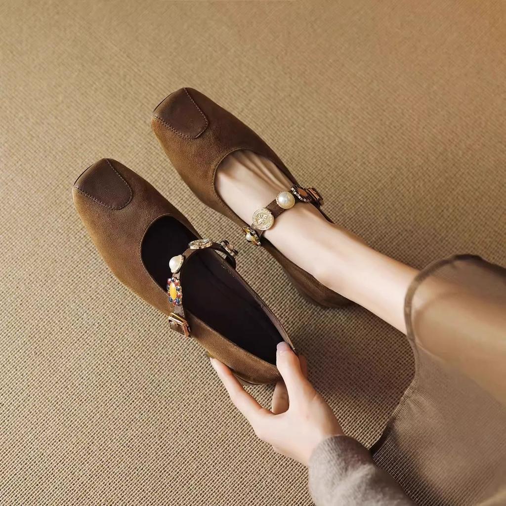 Autumn casual ethnic retro style square head thick heel rhinestone beaded one-word buckle belt women's shallow mouth single shoes