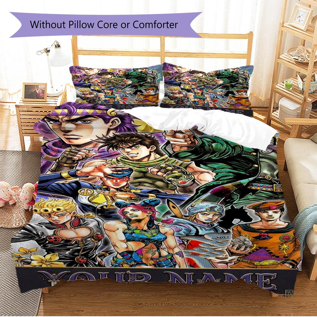 Name Custom Anime JJBA Pattern Bedding Set Quilt Cover Pillowcase Home Decor Gift (1 * duvet cover + 2 * pillowcase, without core)