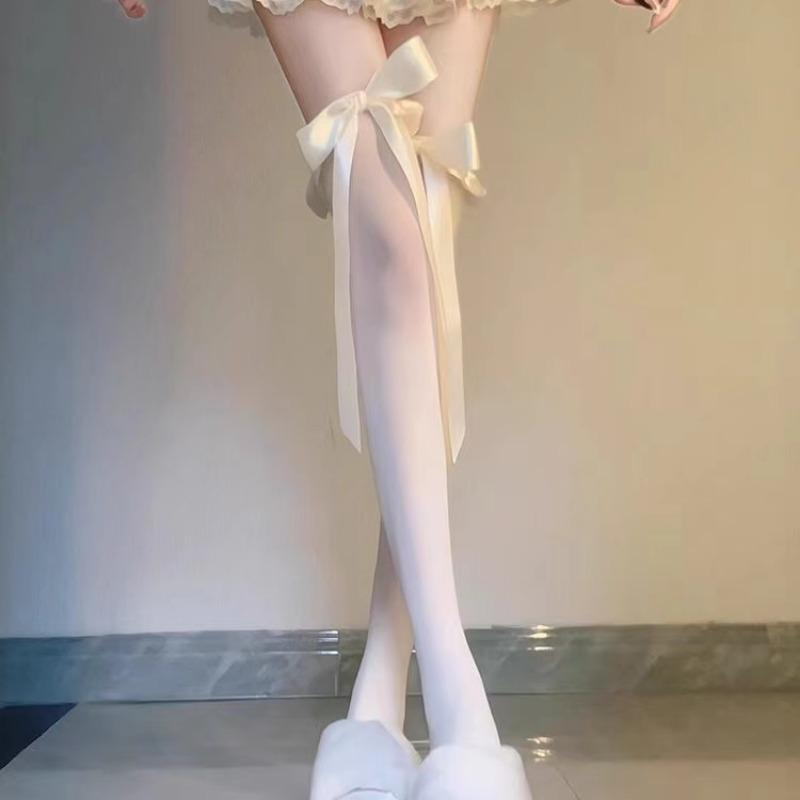Women's Summer Thin Velvet Bowknot Ribbon JK Thigh High Stockings Sweet Lolita Princess Style Solid Color Sheer Overknee Socks