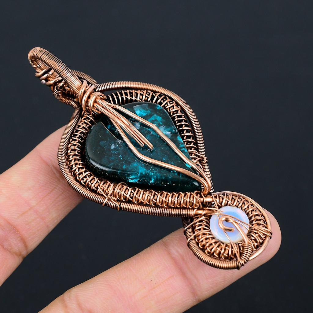 Natural Blue Baltic Amber,Milky Opal Gemstone Copper Wire Wrap Pendant 3.15 Z9k75