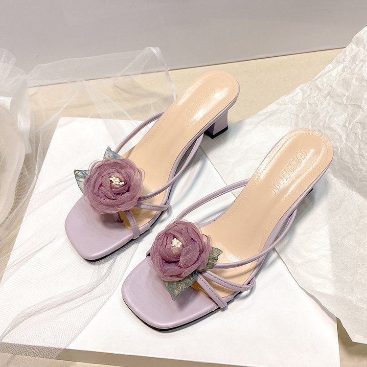 Large size women's shoes wide fat feet slippers women's sexy rose half drag summer 2025 new fashion high heel sandals