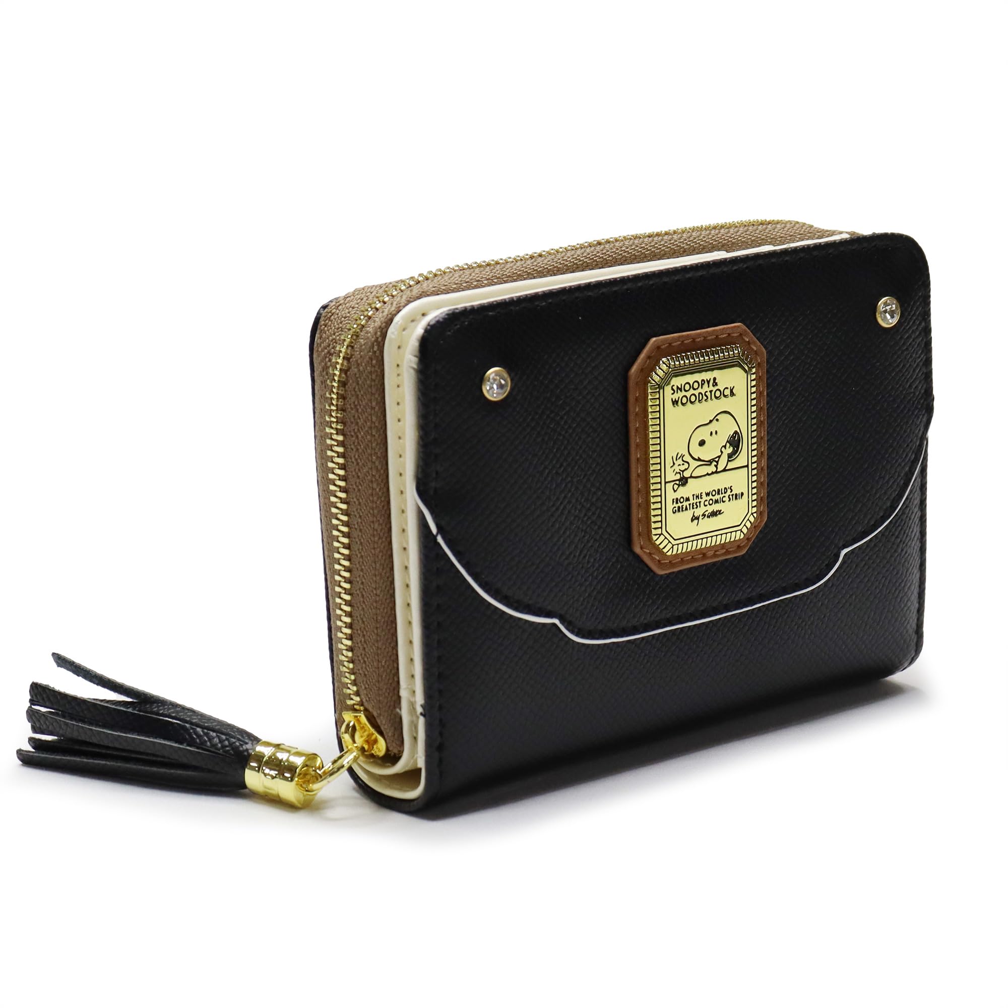 

Snoopy Women s Bifold Wallet with Popular Character SNOOPY Brooch (Black)