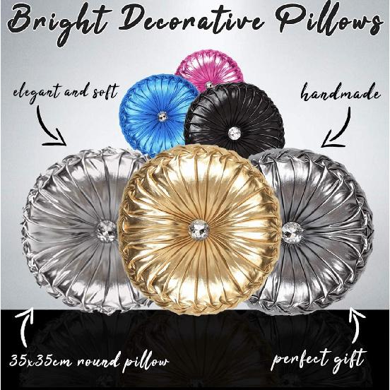 Tresshouse European Round Throw Pillows, Soft Spandex Fabric Pumpkin Pleated Handmade Metallic Accent Circle Insert Cushion Diamond To Enhance for