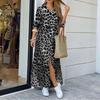 New Women's Autumn Fall Leopard Print Fashion High-Slit Long Sleeve Shirt Dress