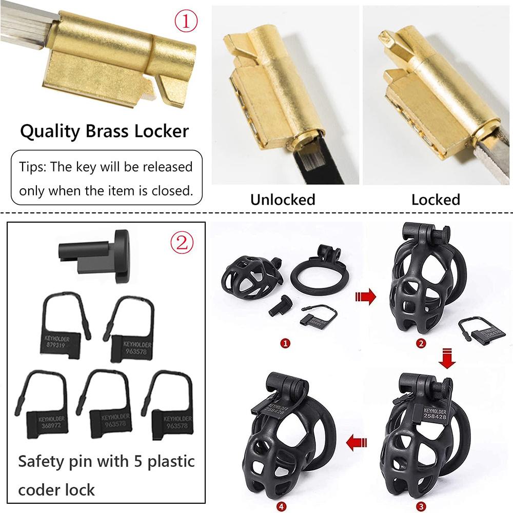 1pc Male Penis Cage Lock Chastity Cage With Lock & 4 Rings Resin Virginity For Men Breathable Cock Ring