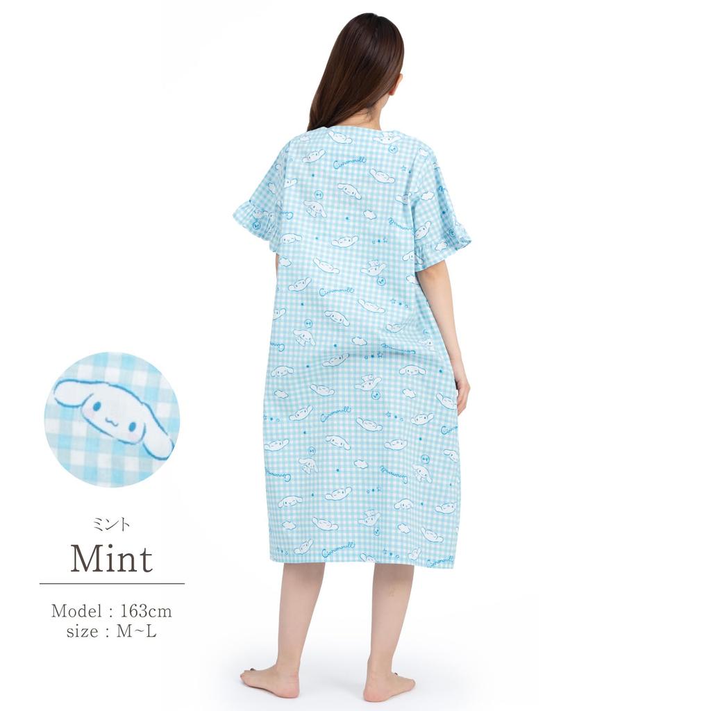 SAZAC Cinnamoroll Cotton Gingham Cinnamoroll Dress/Nightgown, 100% Broadcloth, Women's, Button-Front Loungewear, (Mint/M-L/SAN1781)
