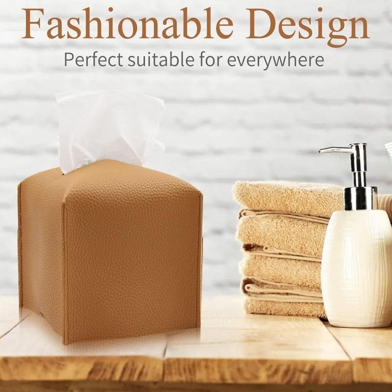 Leather Tissue Box Cover Square, Beautiful PU Leather Tissue Box Holder Decoration for Bathroom, Home Office, Living Room