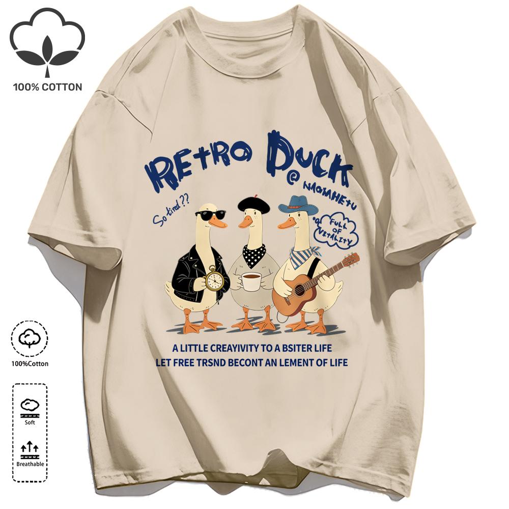 Retro Duck With Free Time T Shirt Unisex Fashion All-Match Basics Streetwear O-Neck Cotton Clothing Unisex Summer Loose Tee