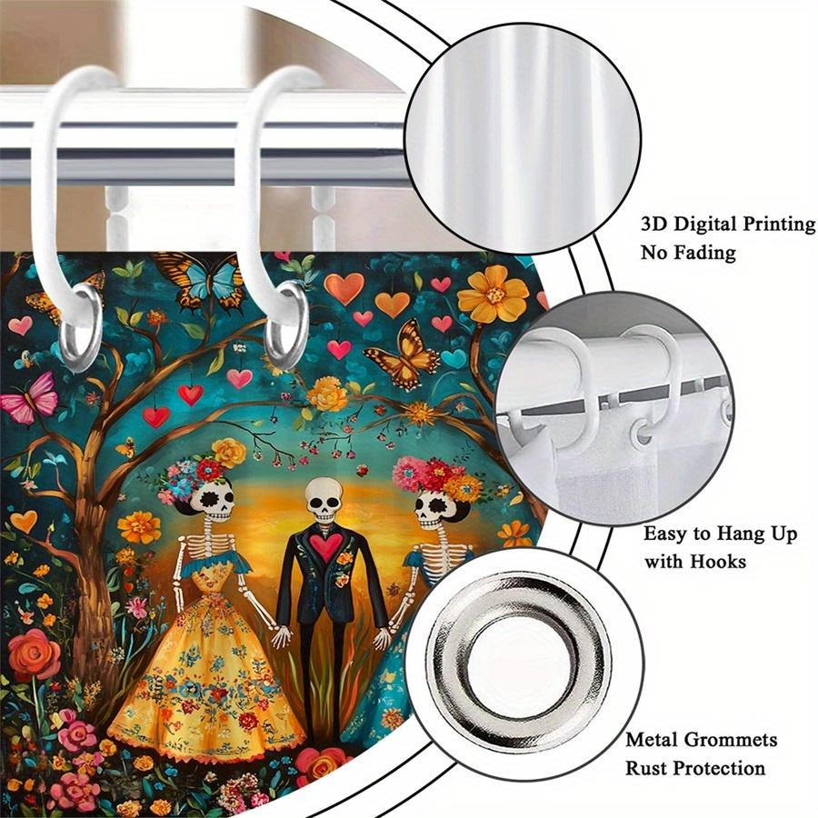 Mexican Folk Art Shower Curtain - Vibrant Skeletons, Traditional Dresses, Joyful Garden, Machine Washable, Colorful Bath Decor