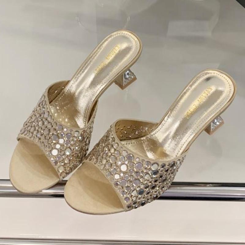 

Fashion Elegant Rhinestone Pointed Toe Design Women Slippers Summer Sexy Open Toe Thin Heel Slide Sandals Luxury Designer Brand Sandals 41 золотой