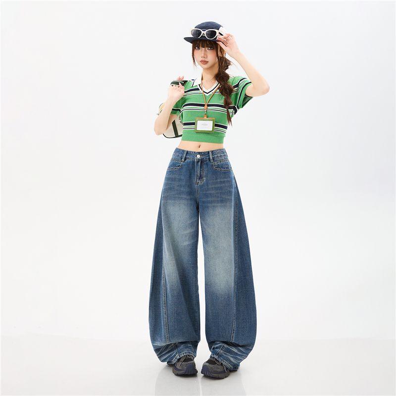 Spring Summer Vintage Saber Cut Heavy Patchwork Tencel Lyocell Casual Loose Silhouette Denim Pants For Ladies Casual Pants Oversize Denim Trousers